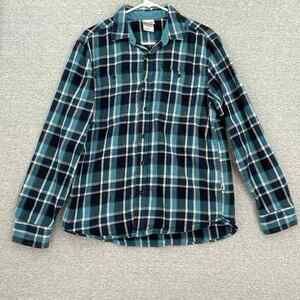 The North Face Shirt Mens Medium Teal Blue Black Plaid Button Up Long Sleeve